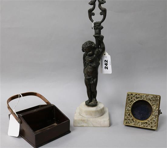 A bronze Putti, tray and photo frame